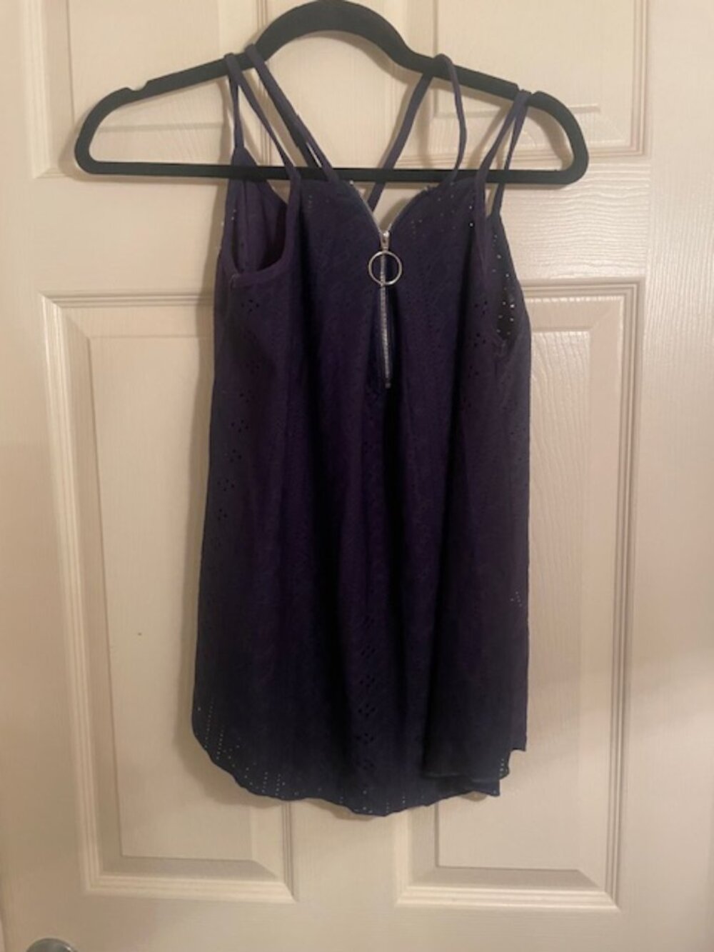 Blue Eyelet Strappy Tank Top Ring Zip Detail M NWOT